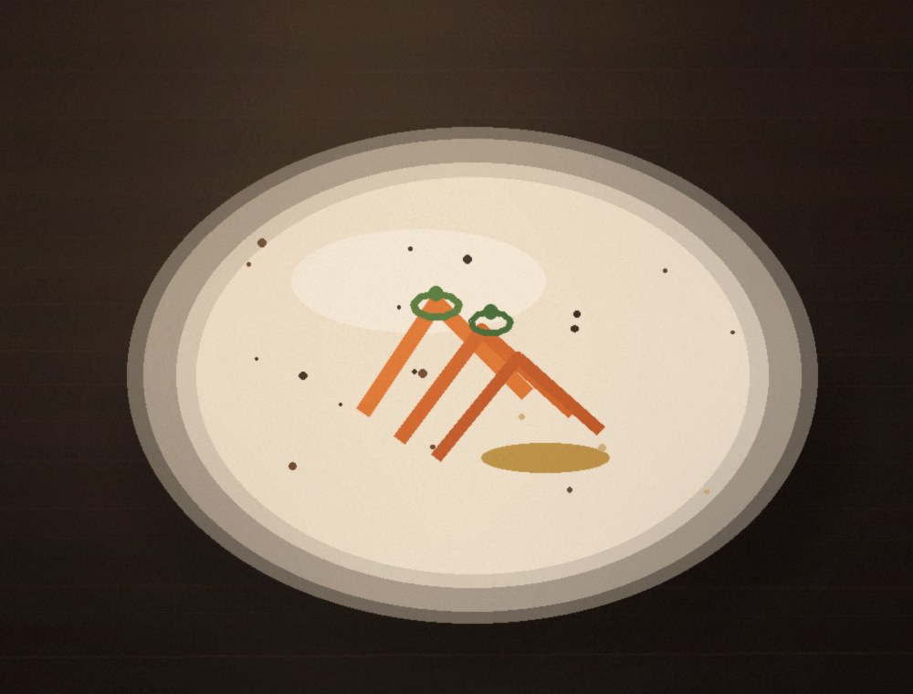 Wood-roasted carrots with herb oil on a cream plate