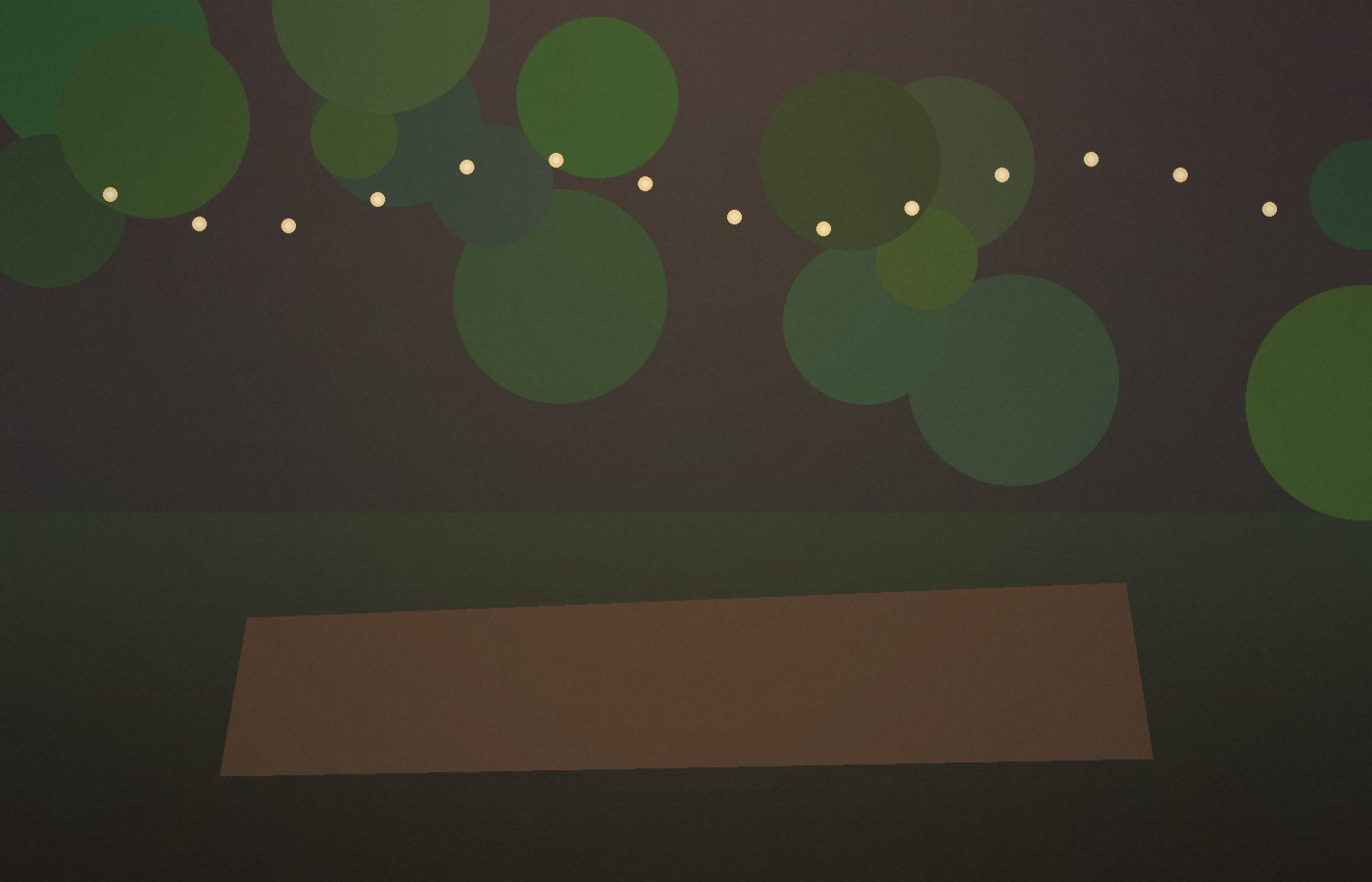 Dusk garden patio with string lights and a wood table